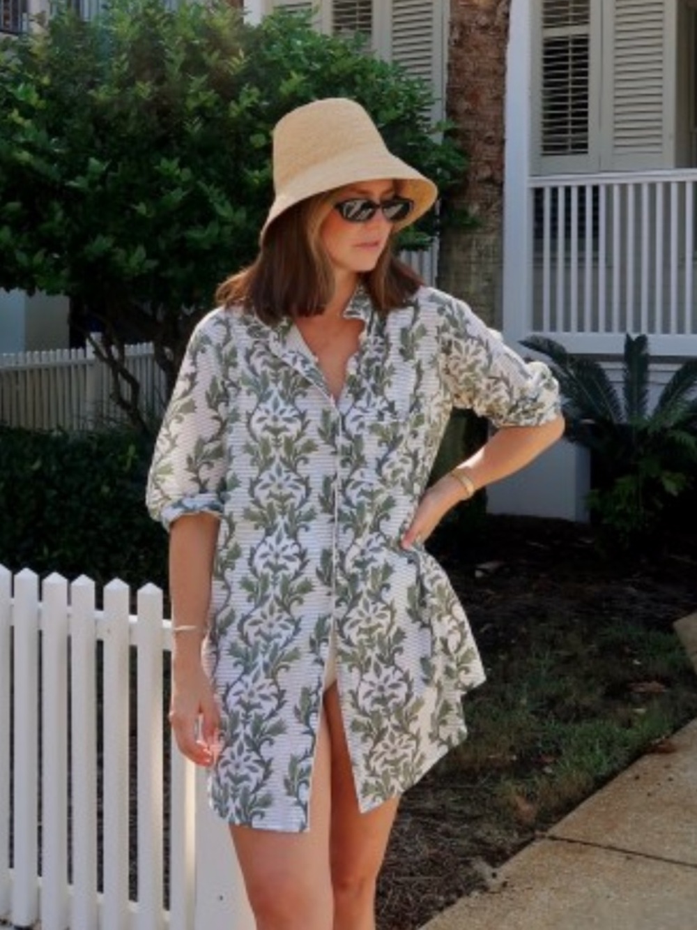 Julia Amory Husband Shirt Spruce Jardin pattern Green & White Floral Button-Down